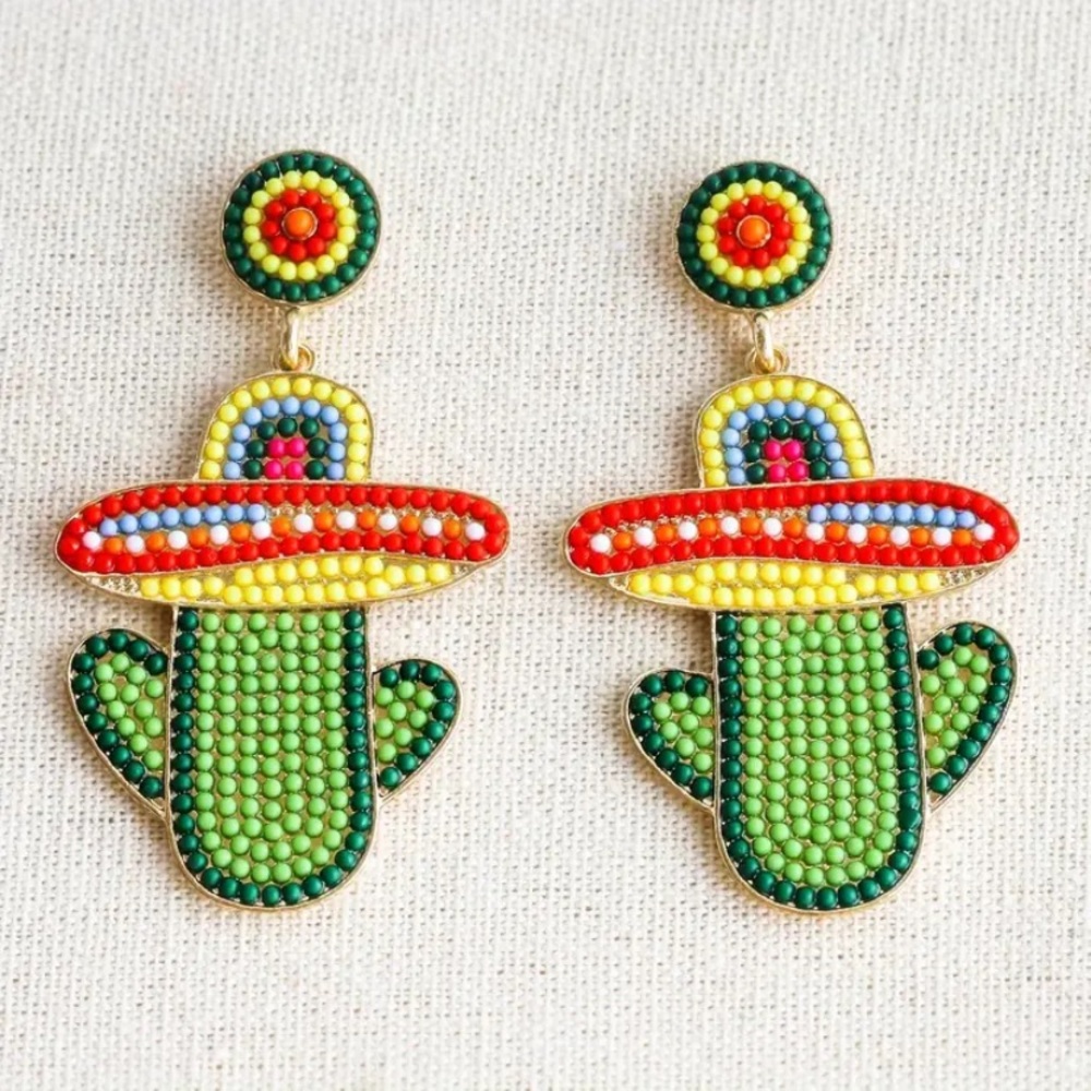 Cinco de Mayo rice beads green cactus with multicolor sombrero dangle earrings
